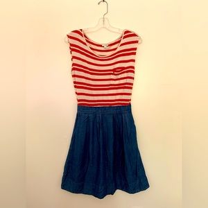 Summer dress, 1 piece, stripes crème and red, side pockets, prima cotton, size 2